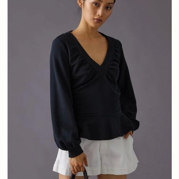 Maeve Anthropologie Black V-Neck Sweatshirt With Peplum | Size XS - Picture 1 of 7